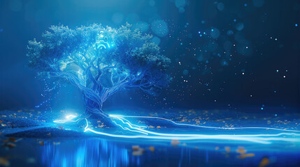 Poster - A blue background and glowing light form the shape of an artificial intelligence tree. Generative AI.