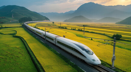 Aufkleber - High-speed train passing through rice fields in southern China. Aerial high view. Generative AI.