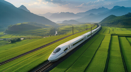 Aufkleber - High-speed train passing through rice fields in southern China. Aerial high view. Generative AI.