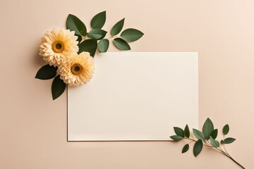 Top view blank paper Notebook and flowers. Desktop mock up, Flat lay on beige background background mockup greeting card