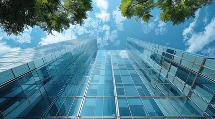 Aufkleber - Office Buildings. modern. glass buildings with cloudy blue sky background. Generative AI.