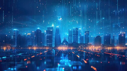 Wall Mural - Shanghai city with glowing blue lines and holographic buildings on a dark background, depicting a technology theme concept. Generative AI.