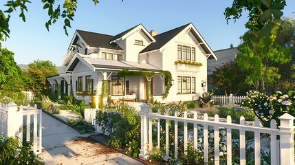 Elegant modern Craftsman house in soft white, surrounded by a lush garden and a white picket fence