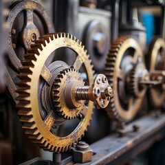 Close-up of Mechanism with Cogwheel and Gears Working Together