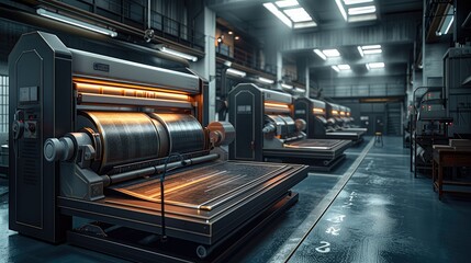 Poster - A printing press in a modern technologically advance tech building. Use a color scheme of black, white, grey, with accents of red. Generative AI.