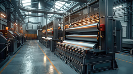 Poster - A printing press in a modern technologically advance tech building. Use a color scheme of black, white, grey, with accents of red. Generative AI.