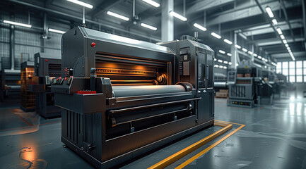 Poster - A printing press in a modern technologically advance tech building. Use a color scheme of black, white, grey, with accents of red. Generative AI.