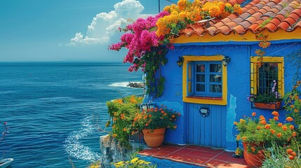 A blue and yellow house with flowers on the roof by sea. Generative AI.