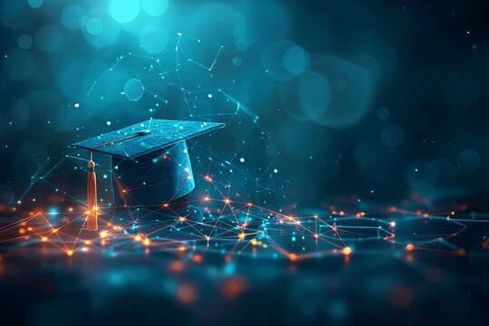Banner with a graduation cap and diploma overlaid on a digital network background, education banner, success, virtual learning