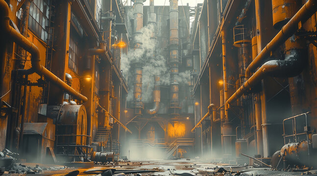 A gritty grim dark feel. Ground level view of an old iron or steel works with lots of pipes, furnaces, silos, molten metal. Oppressively hot atmosphere. Generative AI.