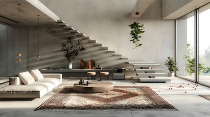 Wall Mural - High-ceilinged living room in a minimalist villa, featuring a stylish area rug and a modern floating staircase, complemented by neutral grey tones and abundant natural light.