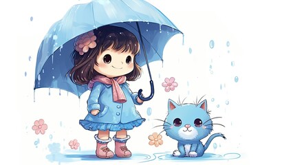 Canvas Print - A cute fat cat is holding an umbrella for the little girl