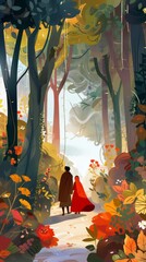 Wall Mural - Enchanting illustration of a Muslim couple exploring a magical forest