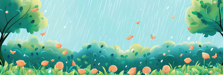 A colorful illustration of a garden during a light rain shower, featuring green trees, a blue sky, and orange flowers