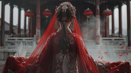 Wall Mural - Women in traditional Chinese wedding dresses, red covered heads, traditional Chinese rural wedding. Generative AI.