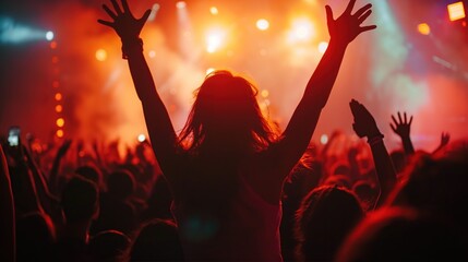 concert crowd celebrating in front of bright red stage lights 