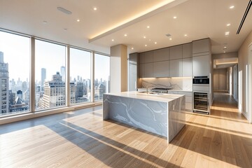 Wall Mural - a kitchen with a marble island in front of a large window