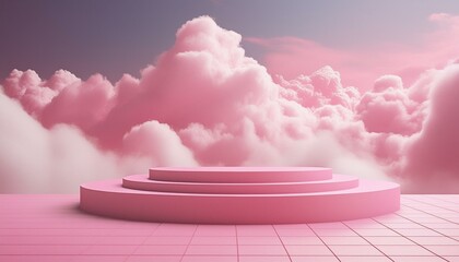 Canvas Print - Background podium pink 3d product sky platform display cloud pastel scene render stand. Pink podium stage minimal abstract background beauty dreamy space studio pedestal smoke showcase geometric white