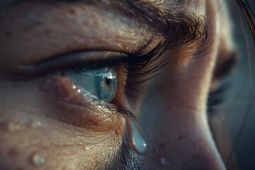 A close-up of tears flowing from a person’s eyes.


