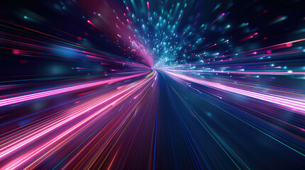 Poster - Supersonic speed through the internet. Use deep blue, purple and green. Generative AI.