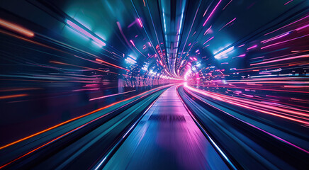 Leinwandbilder - Supersonic speed through the internet. Use deep blue, purple and green. Generative AI.