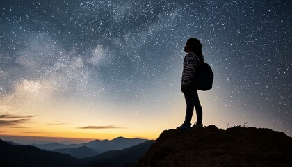 Wall Mural - Silhouette of girl standing on mountain and night sky with shooting star. Alone concept.