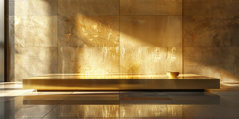 A gold table with a bowl on it sits in front of a wall with a gold color