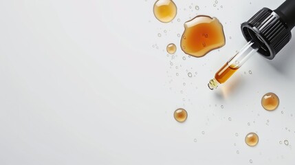 Poster - Macro photograph of cosmetic dropper dispensing oil on white background with space for text Skincare wellness focus