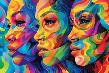Wall Mural - Three women with colorful faces painted on a poster