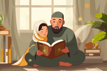 Wall Mural - Neutral background with a Muslim father teaching his daughter to recite Quran