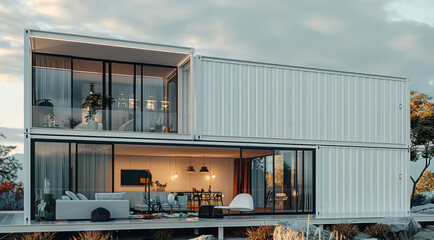 Poster - A white container house, long focal length, static composition, metallic texture, modern. Generative AI.