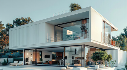 Poster - A white container house, long focal length, static composition, metallic texture, modern. Generative AI.