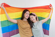 © Pormezz - lesbian gay lover couple holding a gay flag isolated on background banner size
