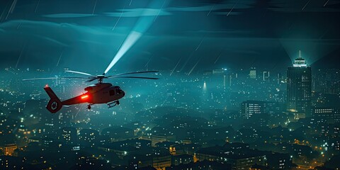 Wall Mural - Cityscape with Helicopter Spotlight