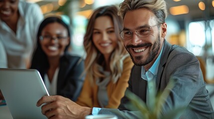 Poster - Happy multi ethnic business people working together and smiling while using a tablet during their meeting in the office. Generative AI.
