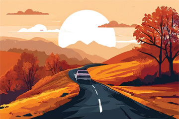 Wall Mural - Autumn Landscape vector Illustration Background. Road through Beautiful Autumn Landscape. Autumn road beside of mountain. Nature Landscape. 