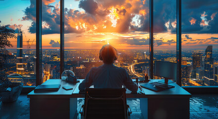 Aufkleber - Businessman, sat at his desk, luxury office. overlook modern city. Generative AI.