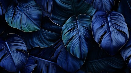 Wall Mural - dark blue tropical leaves with a velvety texture.
