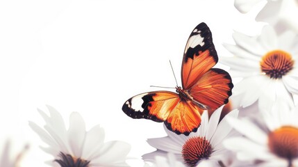 Poster - A butterfly on a flower with a white background and space for text