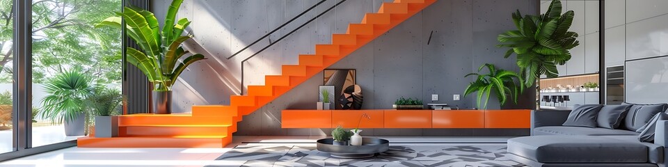 Wall Mural - Modern living room, orange stairs, grey plants, elegant open space. 3D rendering.