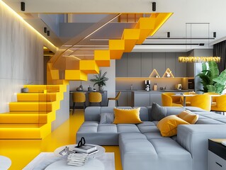 Wall Mural - Modern living room, yellow stairs, grey furniture, elegant open space. 3D rendering.