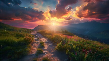 Wall Mural - Trekking path in the mountains during beautiful summer sunset sun shining through the colorful clouds