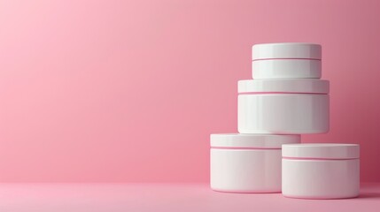 Wall Mural - Cosmetic containers in white on pink background with room for text