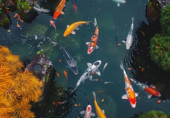 Wall Mural - Koi fishes swimming in a koi fishpond, scenic view, peaceful state, created with AI