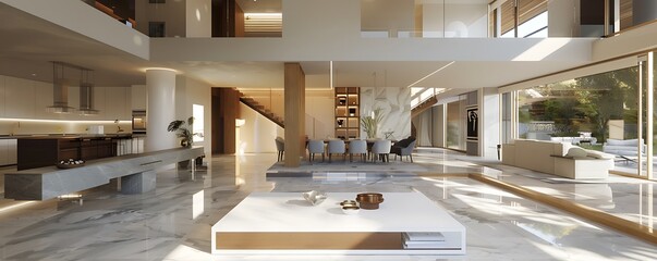 Wall Mural - Modern two-level home interior with high ceilings, featuring a minimalist white coffee table in the living area and a contemporary dining space. Marble floors add a luxurious feel.