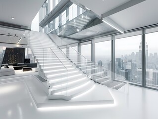 Wall Mural - Modern white steel U-shaped floating staircase with cool LED strip lighting, clear acrylic balustrade in a sleek urban apartment with panoramic city views and minimalist furnishings. 