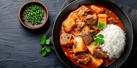 Wall Mural - Homemade Korean Kimchi Stew with Pork, Vegetables, and Rice. Concept Korean Cuisine, Kimchi Stew, Homemade Recipe, Pork Dish, Rice Main Course