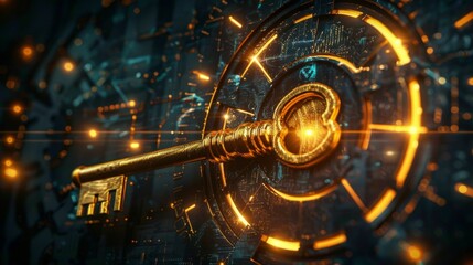 Wall Mural - knowledge access, design a banner with a golden key unlocking a door of knowledge on a futuristic backdrop to symbolize a smart idea