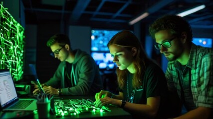 Three people are working in a dark room. They are looking at computer screens and typing on keyboards. The room is lit up by the green glow of the computer screens.