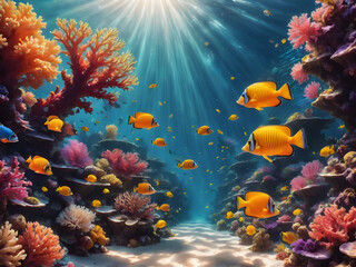 Wall Mural - An underwater scene of a vibrant coral reef. Colorful fish swim among the corals, and sunlight filters through the water, creating a beautiful play of light and shadows.